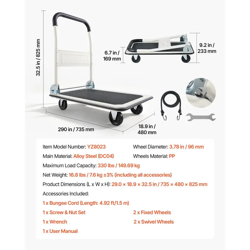 Steel folding cart with a load capacity of up to 330 pounds
