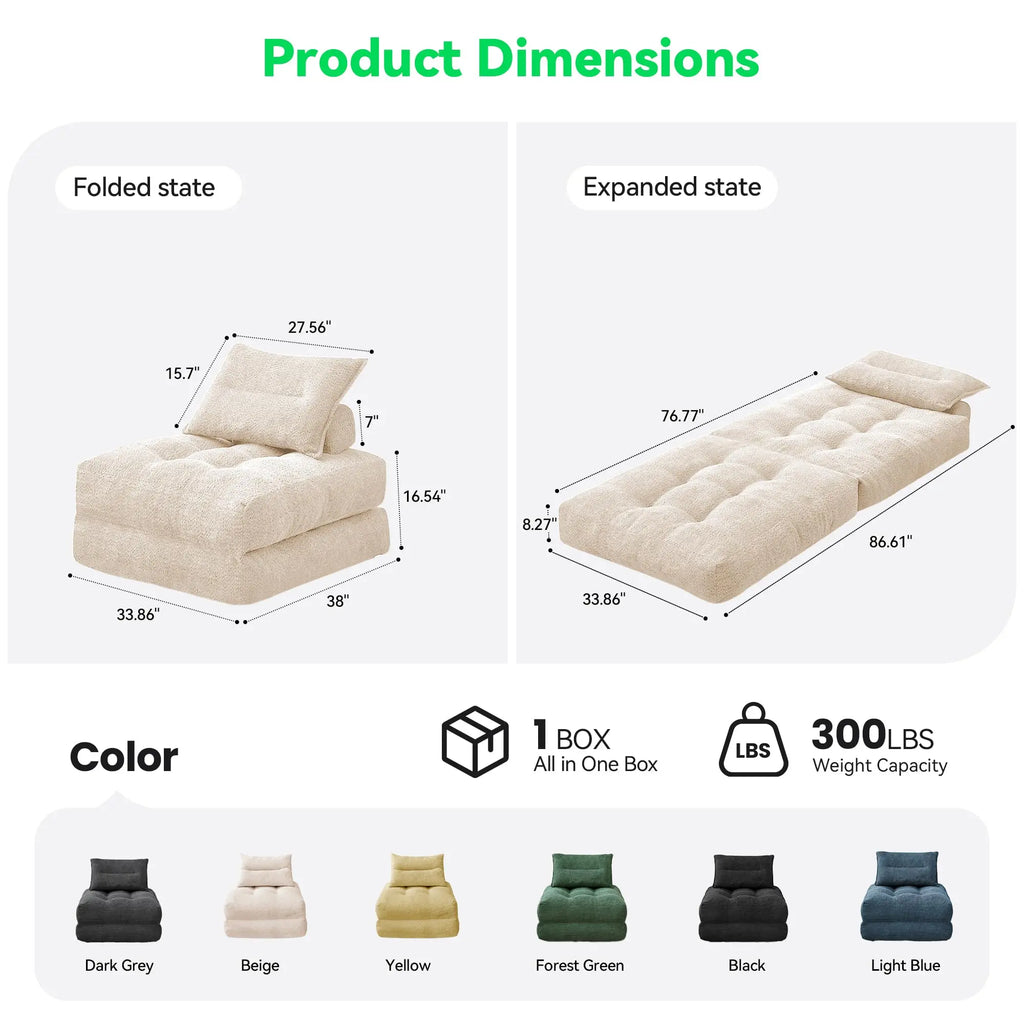 Folding Sofa Bed, 3-in-1 Convertible Recliner Bed