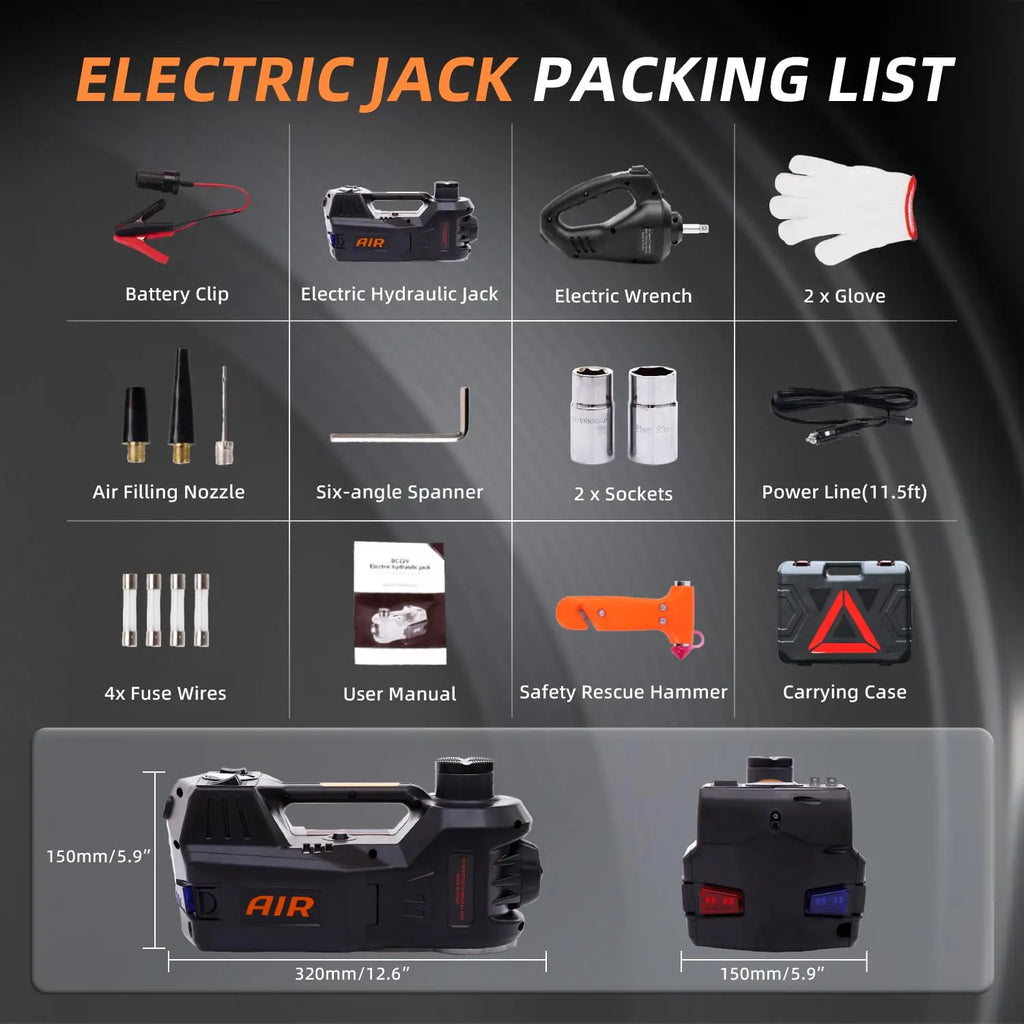 Electric vehicle jack - 5 tons - 12V - Pedal type jack, impact wrench, air pump
