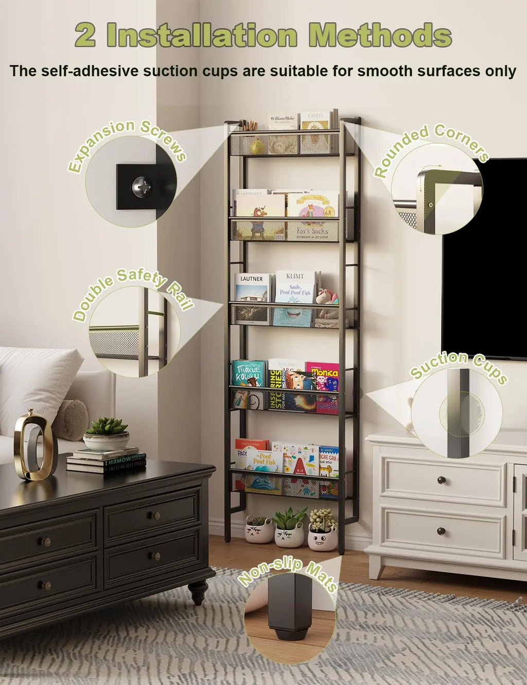 Wall-mounted five-level children's bookshelf, baby room toy storage rack
