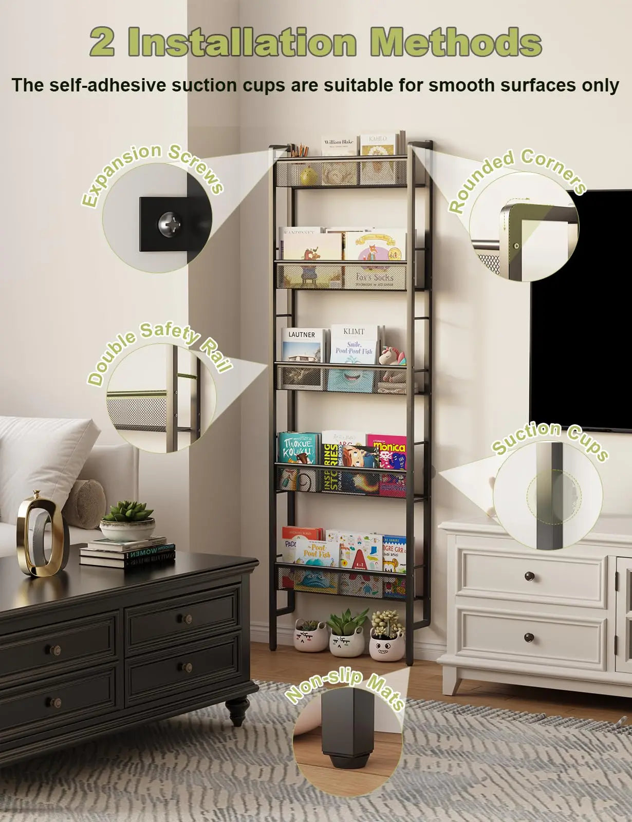 Wall-mounted five-level children's bookshelf, baby room toy storage rack