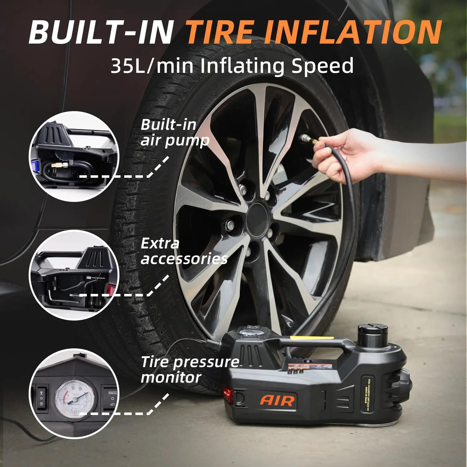 Electric vehicle jack - 5 tons - 12V - Pedal type jack, impact wrench, air pump