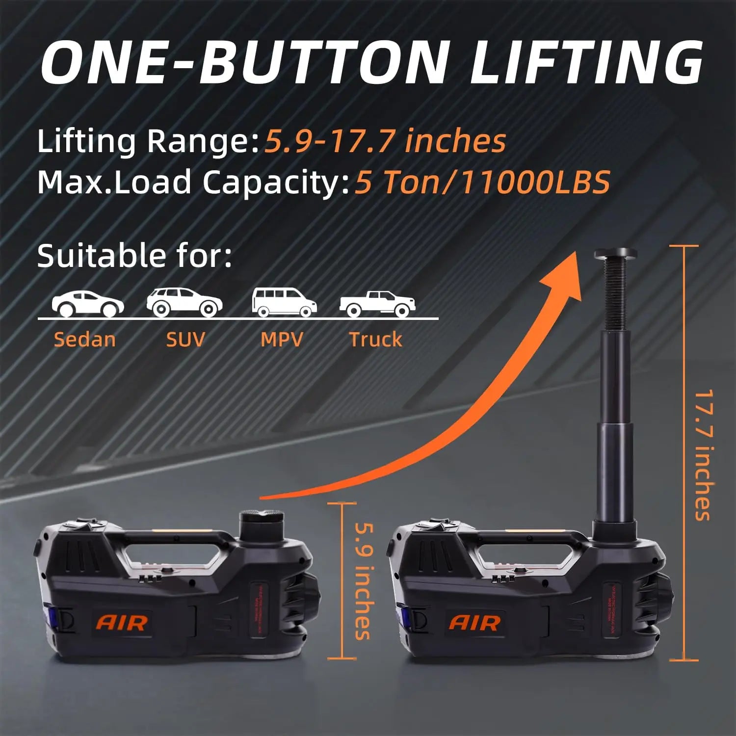 Electric vehicle jack - 5 tons - 12V - Pedal type jack, impact wrench, air pump