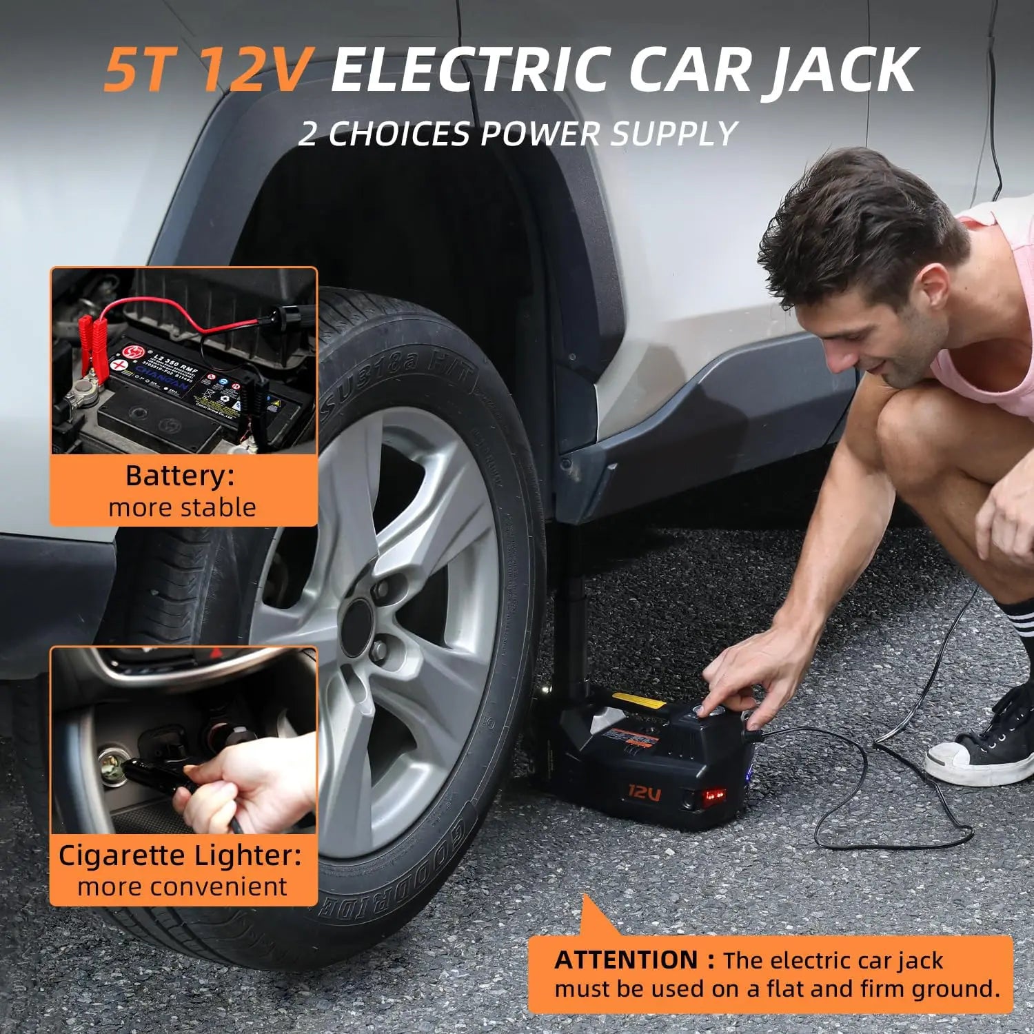 Electric vehicle jack - 5 tons - 12V - Pedal type jack, impact wrench, air pump