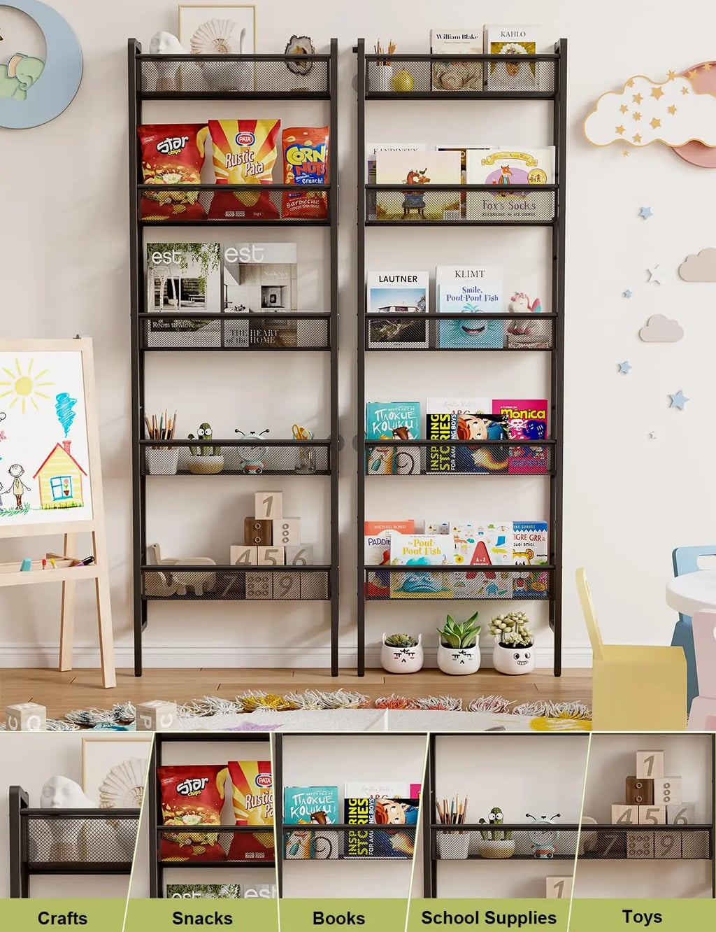 Wall-mounted five-level children's bookshelf, baby room toy storage rack